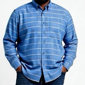 FUBU Mens 2X Blue Plaid Long Sleeve Button Up‎ Shirt 100% Cotton Pocket y2k